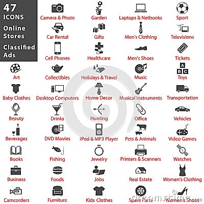 Online stores and classified ads icon set