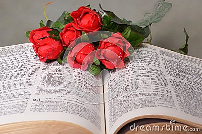 Open Bible with red roses