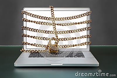 Open laptop with chain and lock