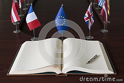 Open spread book, fountain pen, EU (European Unio