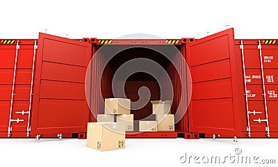 Opened red cargo container with cardboard boxes