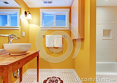 Orange bathroom with modern sink.