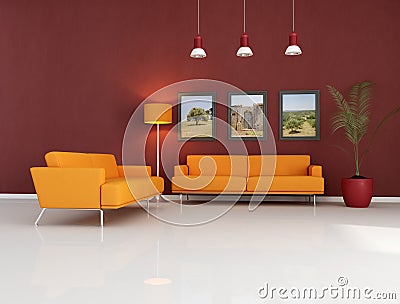 Orange couch in modern living room