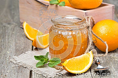 Orange marmalade in a glass jar, horizontal