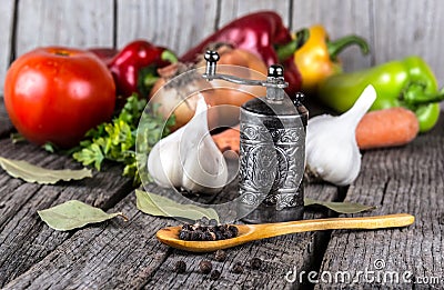 Organic food background Vegetables pepper mill