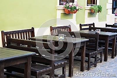 Outdoor street cafe tables and benches