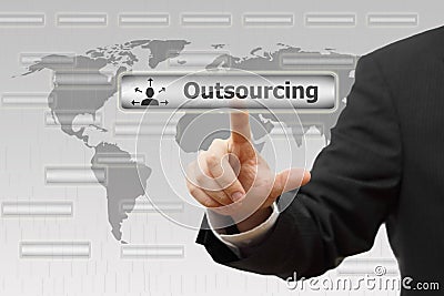 Outsourcing. Businessman pressing Outsourcing virtual button