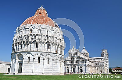 The outstanding view of the Leaning Tower on Square of Miracles in Pisa, Italy