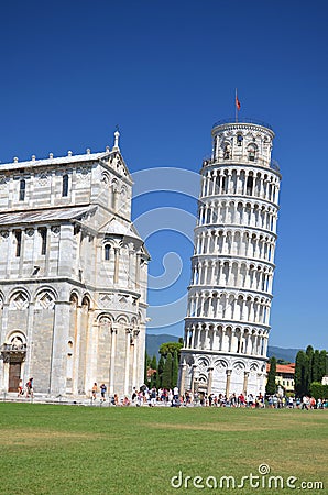 The outstanding view of the Leaning Tower on Square of Miracles in Pisa, Italy