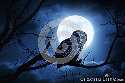Owl Watches Intently Illuminated By Full Moon On H