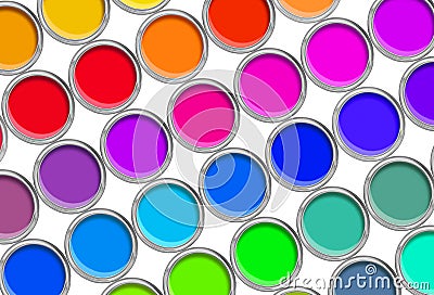 Paint cans color palette, cans opened top view isolated on white