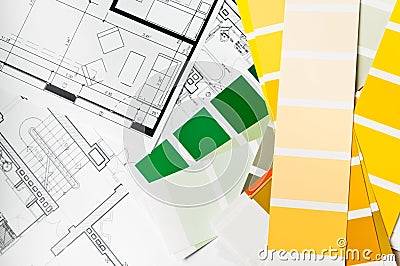 Paint sample and architecture blueprint