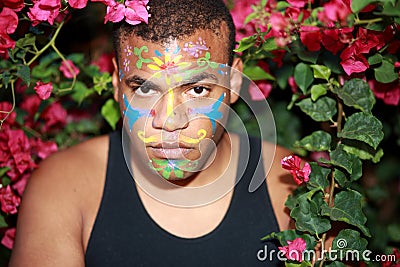 Painted flowers on black man