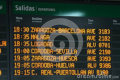 Panel with departure times of trains