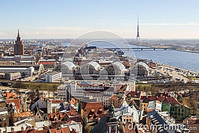 The panorama view of railway station and city Market of Riga,