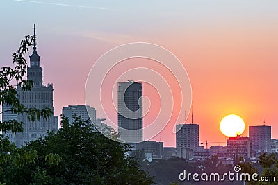 Panorama of Warsaw city during sundown