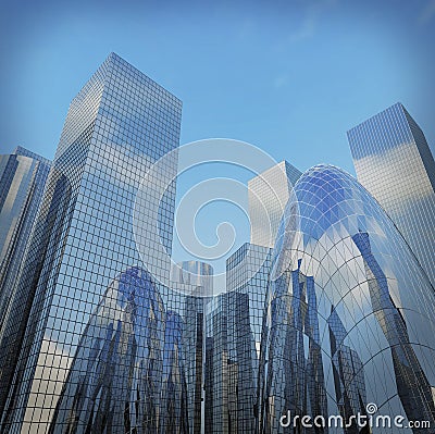 Panoramic and perspective wide angle view to steel light blue