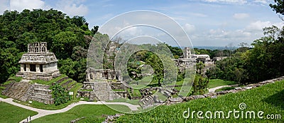 Panoramic view on ancient Palenque Maya archaeological site: ruins, temples