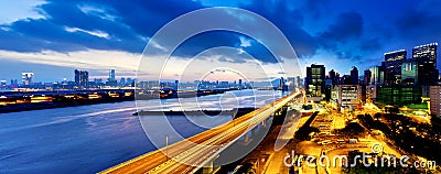 Panoramic view of the highway overpass at dusk in modern city