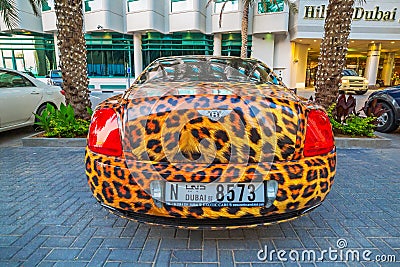 Panther paint Bentley parked outside the Hilton Dubai Hotel