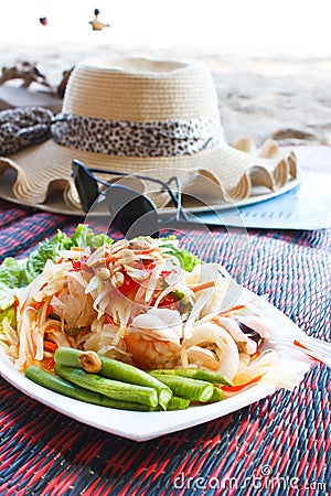 Papaya salad sea food, Thai food.