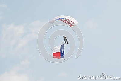 Parachutist with the Texas flag