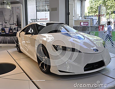 Paris,august 20-Toyota white Car in Showroom in Paris