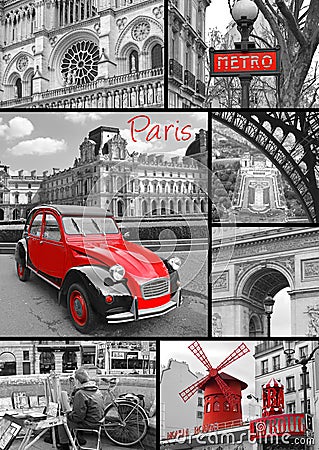 Paris collage of the most famous monuments and landmarks