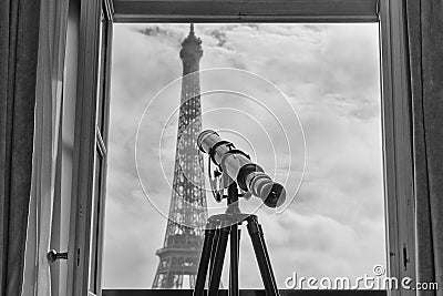 Paris tour eiffel view from room in black and white