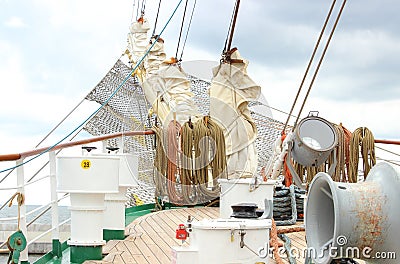 Part of sail yacht with thick ropes