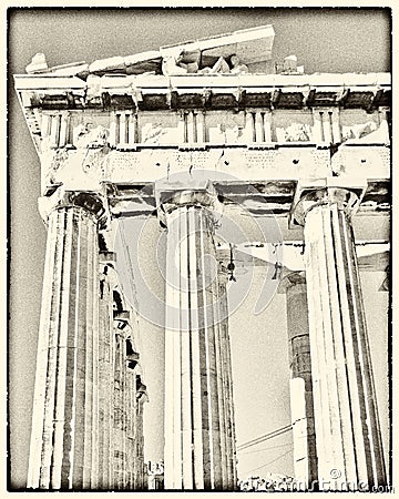 Parthenon temple with old film looking filter