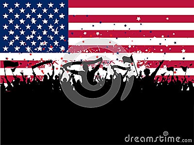 Party crowd on an American flag background