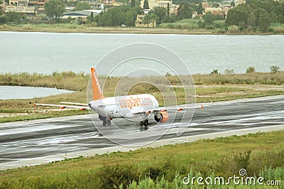 Passenger airplane takeoff from active runway