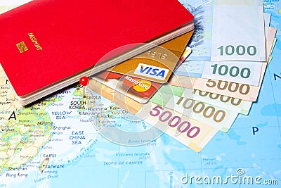 Passport with credit cards and South Korean currency