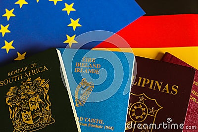 Passports on european and german flag