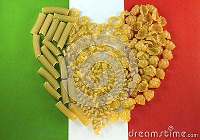 Pasta laid out in the shape of a heart on the background colors of the Italian flag