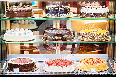 Pastry shop in glass cabinet display