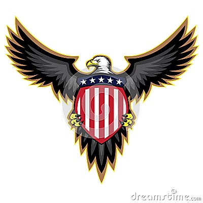 Patriotic American bald eagle, wings spread, holding stars and stripes ...