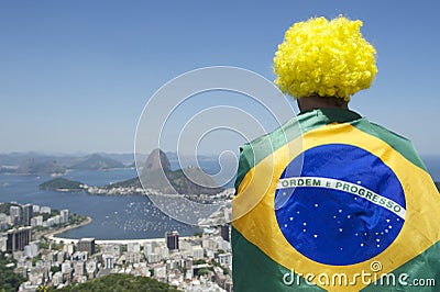 Patriotic Brazil Fan Standing Wrapped in Brazilian Flag Rio