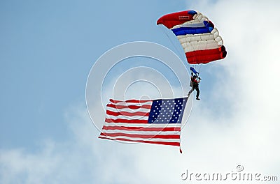 Patriotic person jumps out of a plane