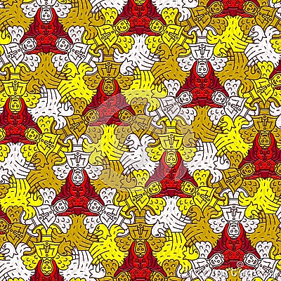 Pattern with stylized angels, devils and birds - relief