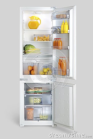 Pen refrigerator with food, drinks, fruits and vegetables