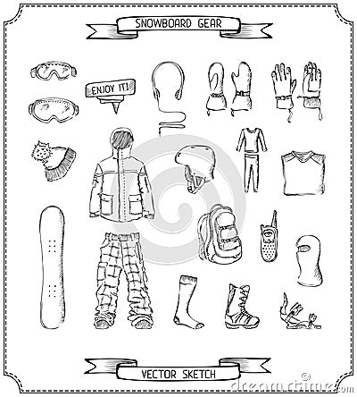 Pencil sketch of snowboard gear.