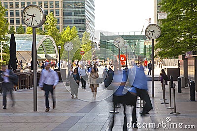 People blur. Office people moving fast to get to work at early morning in Canary Wharf aria