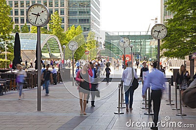 People blur. Office people moving fast to get to work at early morning in Canary Wharf aria