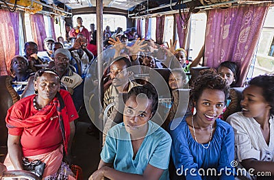 People on the bus waiting for departure. Buses in Ethiopia leave