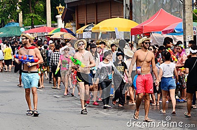 People enjoy splashing water together in songkran festival