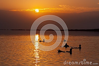 People floating at the Dead sea at dawn, Israel