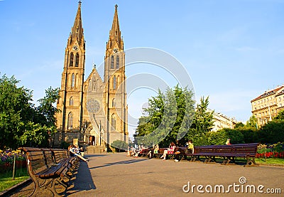 People in front of St.Ludmila Church in Prague
