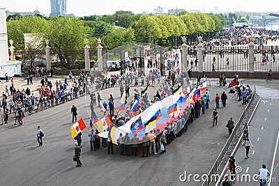 People hold a Russian flag. View of the Gorky park.